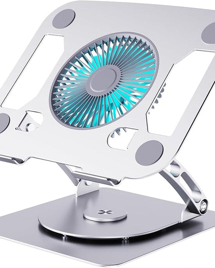 SHUWEI Laptop Cooling Stand with 3 Speed Fan, Adjustable Height & Angle, 360 Rotation Base, Carbon Steel Framework, Ultra-Quiet & Super Sturdy for up to 16”Laptop - Silver