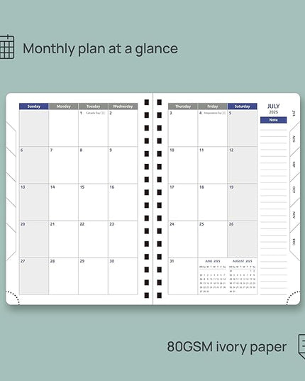 POPRUN Daily Planner 2025-2026 One Page per Day (6'' x 8.5'') with Spiral Bound Leather Soft Cover, Academic Year Appointment Book (Jul.2025 - Jun.2026) with Hourly Slots, Inner Pocket- Forest Green