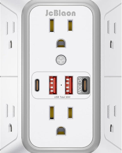 JcBlaon Surge Protector Outlet Extender 6 Outlet Extender with 4 USB Ports (PD 30W), 3 Sided 1050J Multi Plug Wall Adapter Power Strip for Home Travel Office Essentials
