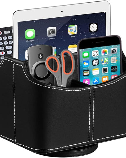 Arniche PU Leather Remote Control Holder,360 Degree Spinning Desk TV Remote Caddy,Desk Organizers and Accessories,for Controller,Media,Mail,Calculator,Mobile Phone,Pen Storage Holder(Black)