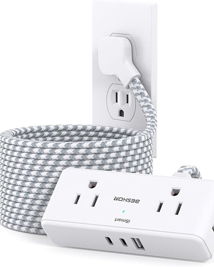 Extension Cord 15 ft, BESHON Flat Plug Power Strip, Long Power Strip, 4 Widely Outlets with 3 USB Ports (2 USB C), Extension Cord with Multiple Outlets for Home, Office, Dorm Room Essentials