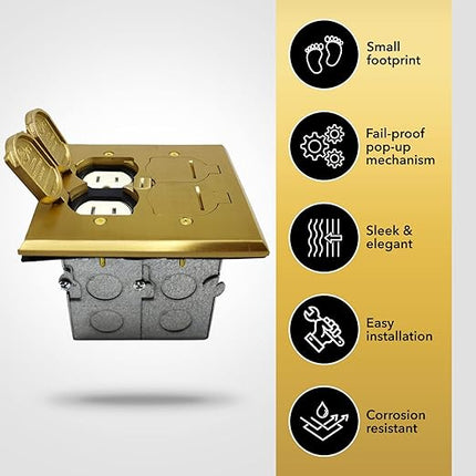 SLFB-2G-TR20-BR 20A Receptacle Outlets, Tamper Resistant Electrical Floor Box with Flip Lid and Brass Cover, Retractable Recessed Socket for Kitchen, Countertops & Floors
