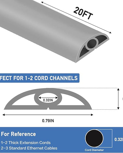 Floor Cord Cover Self Adhesive Cord Hider Floor Extension Cord Covers for Floor Power Cord Protector Cable Management Prevent Cable Trips Cable Cavity 0.32" W x 0.32" H (Grey, 20Ft)