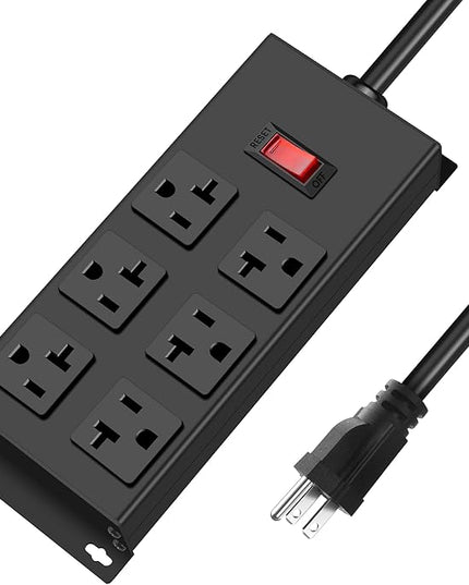 JUNNUJ Heavy Duty 20 Amp Power Strip, Garage 6 Outlets Metal 12 Gauge Surge Protector 3000J, High Amp 5-15P Adapter Shop 6-20R T-Slot Industrial (6AC, 6FT)