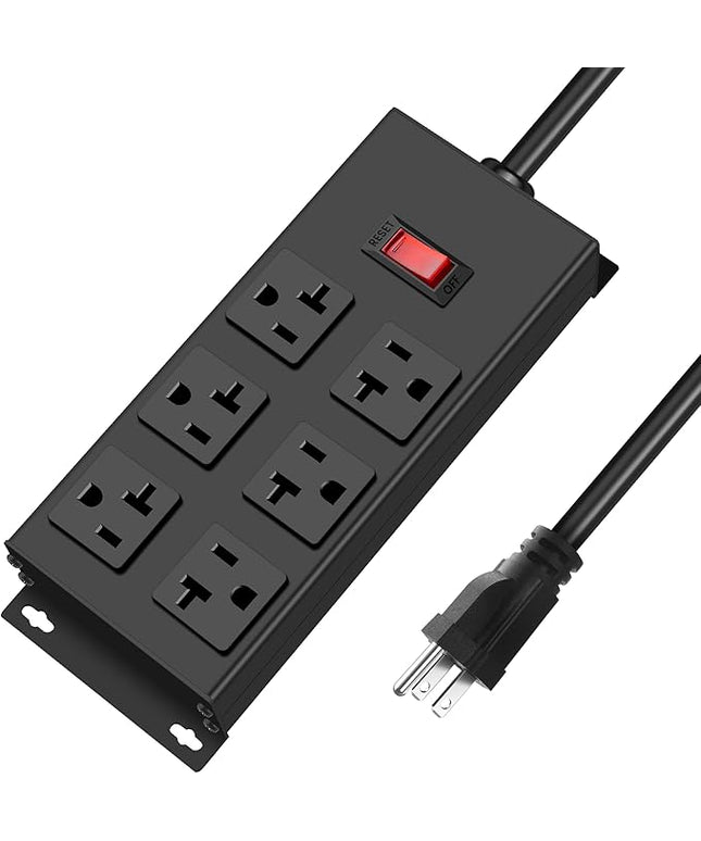JUNNUJ Heavy Duty 20 Amp Power Strip, Garage 6 Outlets Metal 12 Gauge Surge Protector 3000J, High Amp 5-15P Adapter Shop 6-20R T-Slot Industrial (6AC, 6FT)