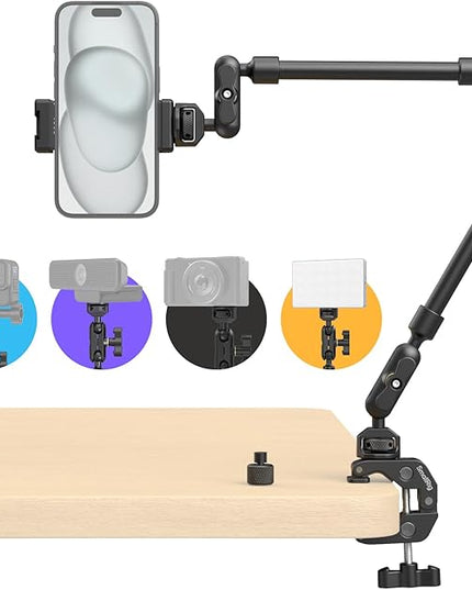 SMALLRIG 22" Magic Arm Clamp, Overhead Phone Mount Holder Stand, Flexible Desk Camera Mount, Articulating Friction Boom Arm, for POV Shot, Filming, Light, Webcam, Action Camera