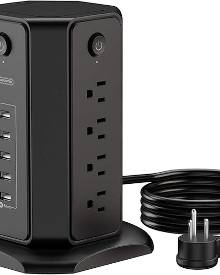 10ft Extension Cord Power Strip Tower, NTONPOWER Flat Plug Surge Protector with 8 Outlets 5 USB Desktop Charging Station, Individual Switches, 1080 Joules, 13A Circuit Breaker for Home Office, Black