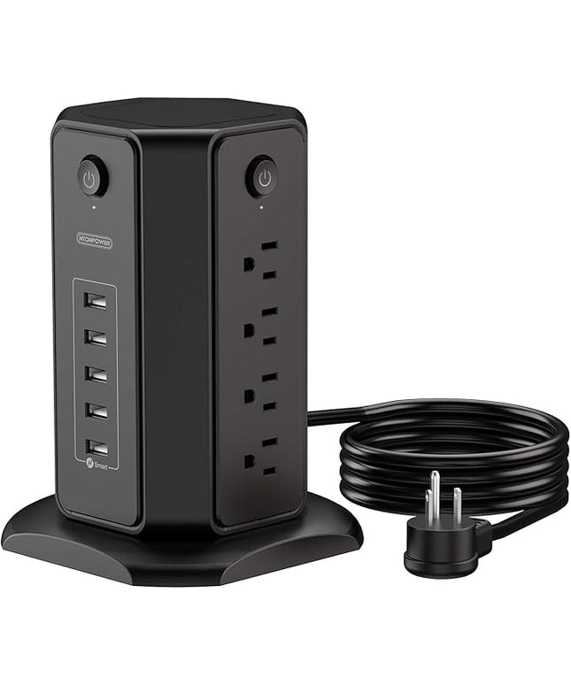10ft Extension Cord Power Strip Tower, NTONPOWER Flat Plug Surge Protector with 8 Outlets 5 USB Desktop Charging Station, Individual Switches, 1080 Joules, 13A Circuit Breaker for Home Office, Black