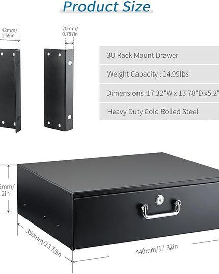 3U Rack Drawer, Rack Mount Drawer Designed for 19-inch Network Equipment, Servers, AV Racks, or Cabinet Enclosures. Sliding and Lockable Server Rack Drawer Features Cable Management Holes