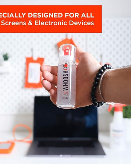 WHOOSH! Laptop Screen Cleaner Spray and Wipe [Set of 12] - 3.4 + 0.3 fl oz + 2 Microfiber Cloths - Duo with Large & Travel Size Bottles for Eyeglass Cleaner & Car Screen Cleaner- iPhone Cleaning Kit