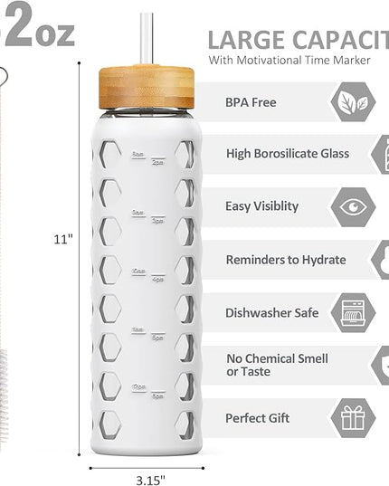 MUKOKO 32oz Glass Water Bottles with 2 Lids-Handle Spout Lid&Bamboo Straw Lid, Motivational Water Tumbler with Time Marker Reminder and Silicone Sleeve, Leakproof-White-1 Pack