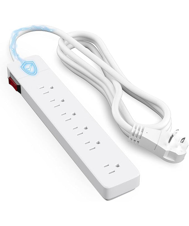 Elecan 3 Prong Power Strip with 8 FT Extension Cord, 5 AC Outlets+1 Widely Spaced Outlet, Space Saving 45 Degree Flat Plug, 14AWG 1875W 125V 15A, Wall Mountable Multi Outlet Extender, ETL, White