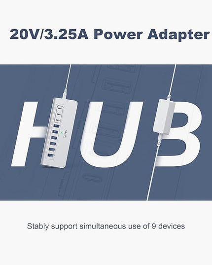 Powered USB Hub 10Gbps, intpw 9-Port USB 3.2 Hub, USB C Hub with USB A/USB C 3.2, 4 USB 3.0, 2 PD 45W Charging Ports, 65W Power Adapter and 3.3FT Cable, Aluminum USB Hub for Laptop, iPhone 17/16/15，PC