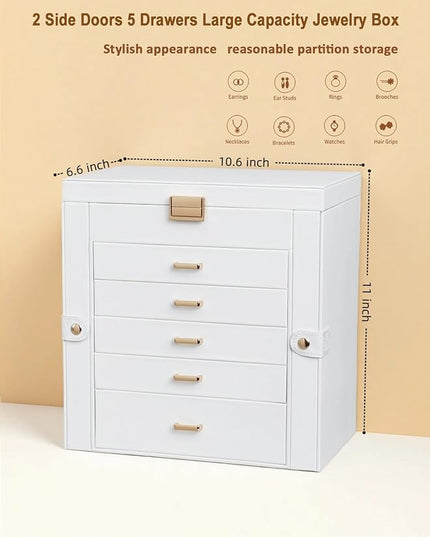 BOOVO Jewelry Box For women, 6 Layer Large Jewelry Organizer With Mirror, Multi-Function Storage Box With Lock, Necklace Holder With 5 Drawers, For Earrings Necklace Bracelet (White and Gold)