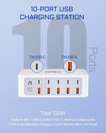 10-Ports USB and USB C Charging Station, 120W USB C Power Strip with PD3.0 and QC3.0 Fast Charging, Multiport Charging Hub for iPhone 15/14/13/12, iPad Air/Pro, Galaxy -White