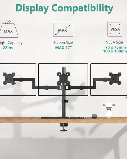 WALI Triple Monitor Mount, 3 Monitor Desk Mount for 13-27 inch Computer Screens, Holds up to 22 lbs, Triple Monitors Stand for Desk, with Tilt, Swivel, Rotation, VESA 75/100mm (M003S), Black