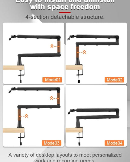 Low Profile Mic Arm Stand,Adjustable Desk Clamp Mic Boom Arm with 360°Swivel and Detachable Rise Column，Built-In Cable Management,with Mic Clip 3/8" to 5/8",For Podcasting and Streaming