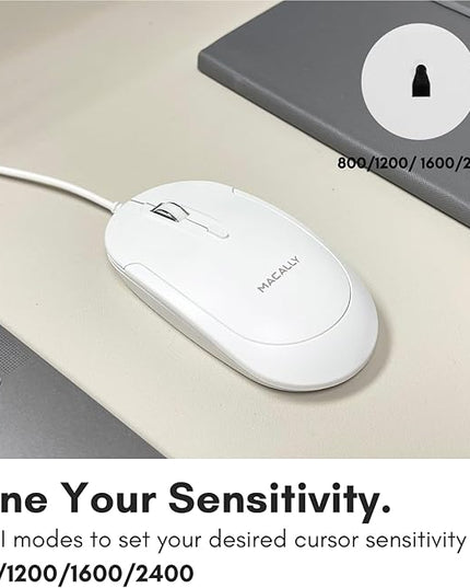 Macally Wired USB C Mouse for Mac and PC - Slim, Quiet, and Reliable - Type C Mouse for MacBook Pro/Air, iMac, Apple iPad, Laptop, Computer Desktop with 3 Button, Scroll Wheel, USBC, and 4 DPI Mode