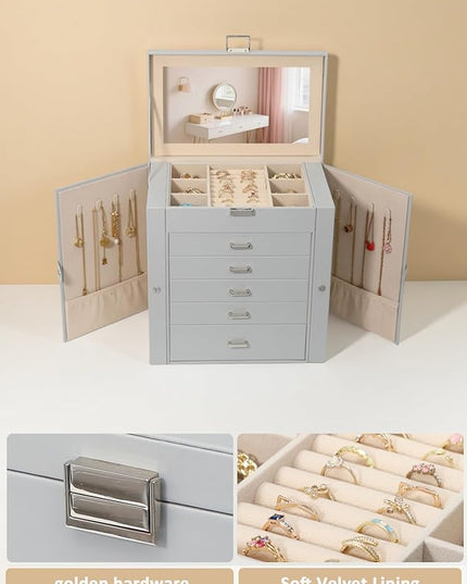BOOVO Jewelry Box For women, 6 Layer Large Jewelry Organizer With Mirror, Multi-Function Storage Box With Lock, Necklace Holder With 5 Drawers, For Earrings Necklace Bracelet (Silver and Grey)