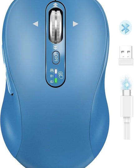 Wireless Bluetooth Mouse Rechargeable,USB+BT×2,Multi Device Quiet Ergo Computer Mouses,Metal 4-Way Super Scrolling,± 3200 DPI,10 Button,Plug&Play,Cordless Mice for Laptop,Tablet,Mac,iPad,PC,Phone-Blue