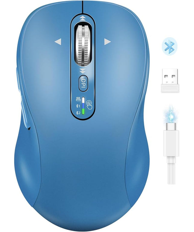 Wireless Bluetooth Mouse Rechargeable,USB+BT×2,Multi Device Quiet Ergo Computer Mouses,Metal 4-Way Super Scrolling,± 3200 DPI,10 Button,Plug&Play,Cordless Mice for Laptop,Tablet,Mac,iPad,PC,Phone-Blue