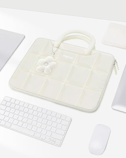 MOSISO Laptop Case 16 inch, 15-15.6 inch Puffy Laptop Sleeve Compatible with MacBook Pro 16 M4 M3 M2 M1, HP Acer Dell Lenovo Notebook, Rectangle Quilted Computer Bag with Handle&Flower Pendant, Sand