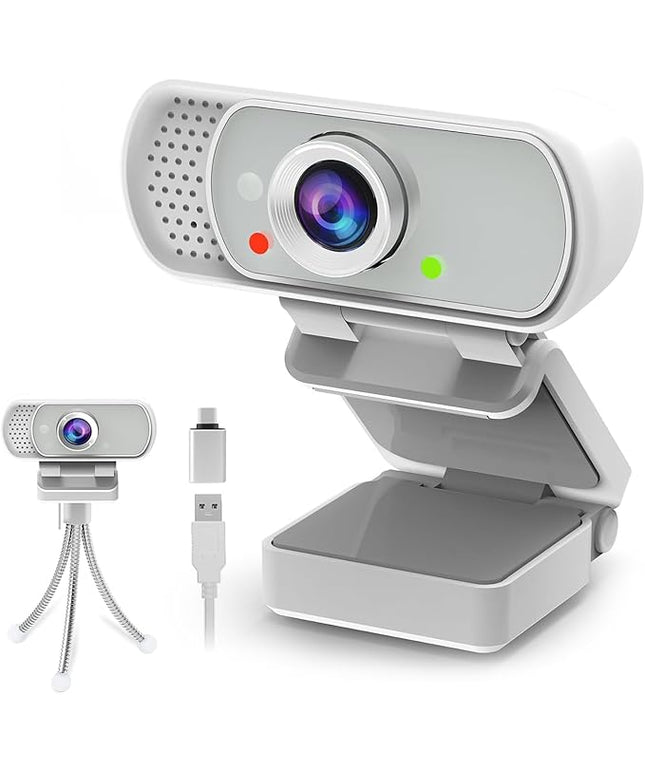 Webcam with Tripod Privacy Shutter: 1080P FHD Web Camera with Mic, Plug & Play USB A USB C Webcam with Stand, White Wide Angle Noise-Canceling Microphone Compact Web Cam for Online Meeting Classes