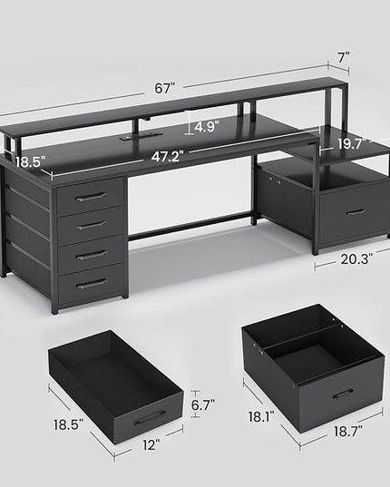 SEDETA Computer Desk with 5 Drawer, Power Outlet & Led Lights, 66'' Home Office Desk with File Drawer, Storage, Monitor Shelf, Gaming Desk, Black