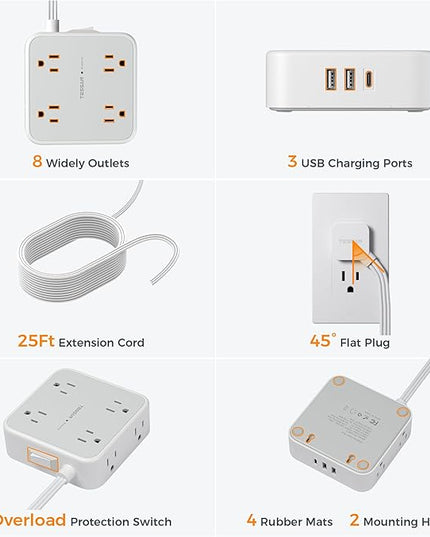 Flat Plug Long Extension Cord 25 Ft, TESSAN Power Strip Surge Protector with 8 Outlets 3 USB Ports (1 USB C), 900J Protection Desktop Charging Station for Home, Office, Dorm Room Essentials