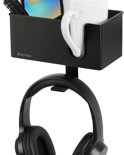 ROSLINE 3-in-1 Clip-on Desk Organizer - Pen, Headphone, and Cup Holder for Expanding Office and Gaming Space (Black)