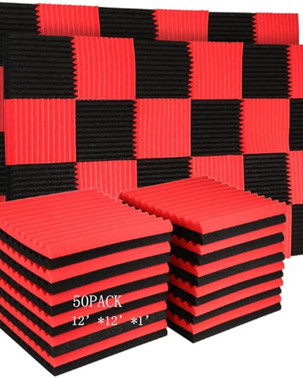50 Pack Acoustic Panels Soundproof Studio Foam for Walls Sound Absorbing Panels Sound Insulation Panels Wedge for Home Studio Ceiling, 1" X 12" X 12" (Black&Red)