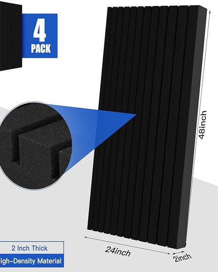 Acoustic Foam Panels, 48 x 24 x 2 inches, 4 Pack Soundproof Foam Wall Panels High Density Noise Canceling Studio for Echo Absorption Home Office (Black 4 Pack, 48" x 24" x 2")