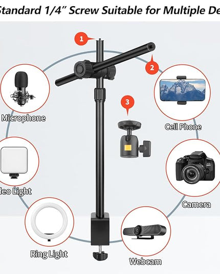 Camera Desk Mount Webcam Stand with Overhead Articulating Magic Boom Arm 1/4" Ball Head for DSLR Tripod, Adjustable Light Stand, Tabletop C Clamp for Ring Light Photo Video Shooting Live Streaming