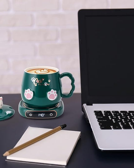 Bgbg Coffee Mug Warmer & Cute Cat Mug Set, Beverage Cup Warmer for Desk Home Office with Three Temperature Up to 140℉/ 60℃, Coffee Warmer for Cocoa Milk Tea Water Candle, 8 Hours Auto Shut Off