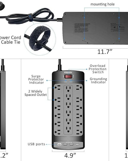 18 Outlets Surge Protector Power Strip - 6 Feet Flat Plug Heavy Duty Extension Cord with 18 Widely Outlets and 4 USB Ports, 2100 Joules, Black, ETL Listed