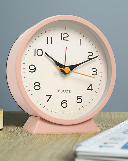 SHISEDECO 4.5" Battery Operated Antique Retro Analog Alarm Clock, Small Silent Bedside Deskclock with Light Function, Non-Ticking Tableclock Decor for Living Room, Bedroom, Bedside, Shelf (Pink)