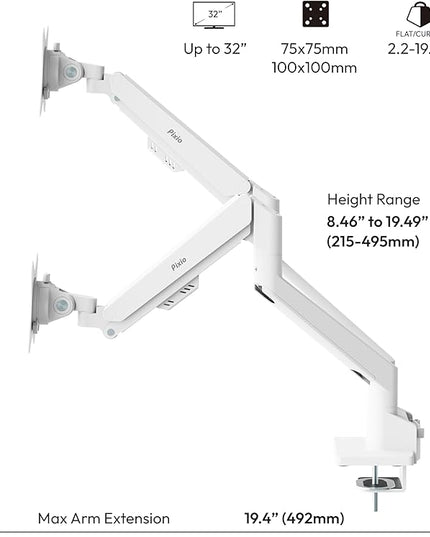 Pixio PS1D Wave White Dual Monitor Arm Stand Desk Mount - Fits up to 32 inches Monitors and up to 19.8lbs. VESA Compatibility and Integrated Cable Management