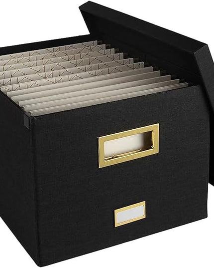BLU MONACO Hanging File Box with Lid – Black Document Organizer | Portable Storage Box for Letter & Legal Size Paperwork | Stackable Engineered Wood File Organizer for Home or Office