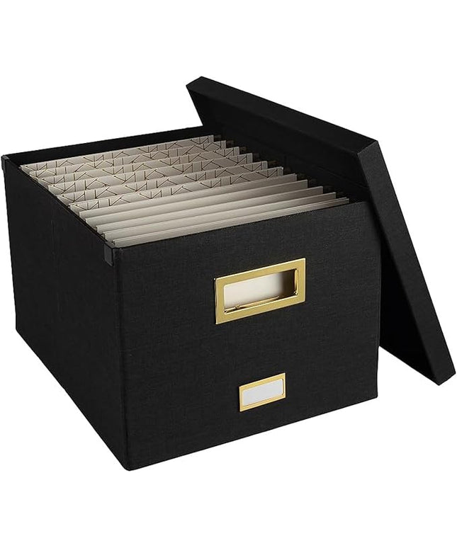 BLU MONACO Hanging File Box with Lid – Black Document Organizer | Portable Storage Box for Letter & Legal Size Paperwork | Stackable Engineered Wood File Organizer for Home or Office