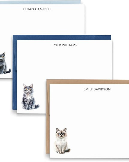 Personalized Stationery Note Cards With Cats, FLAT Watercolor Cat Notecards With Envelopes, Custom Cat Notecard With Name, Cat Lover Stationery Set For Adults, Your Choice of Color and Quantity