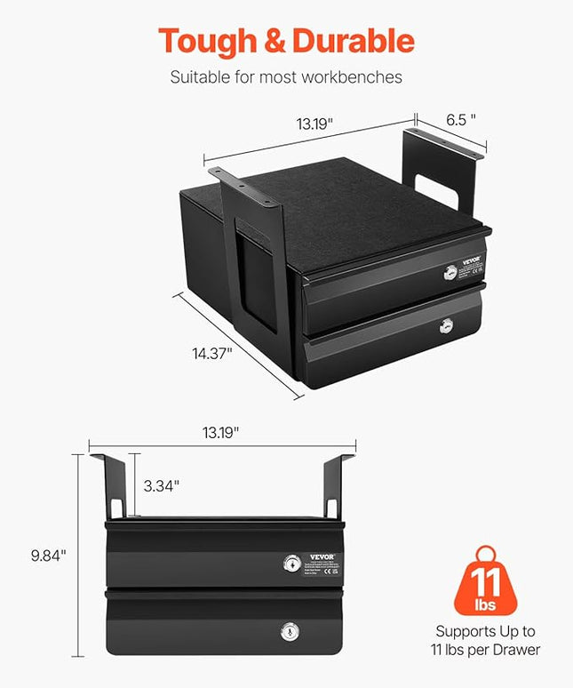 VEVOR Under Desk Double Stacked Lockable Slide Out Drawer, 13 inch Lockable Under Table Pull-out Drawer Attachment for Sit Stand Workstation, Secure Under Desk Storage Organizer, Black