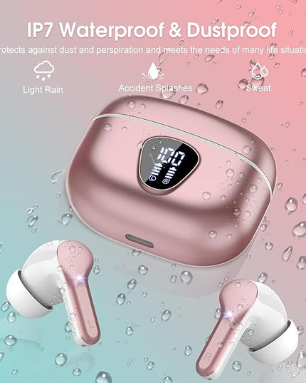 Wireless Earbuds, Bluetooth 5.4 Headphones HiFi Stereo, Bluetooth Earbuds with ENC Noise Cancelling Mic, IP7 Waterproof in Ear Earphones, 48H, LED Display Ear buds for Pad Workout Sports, Rose Gold