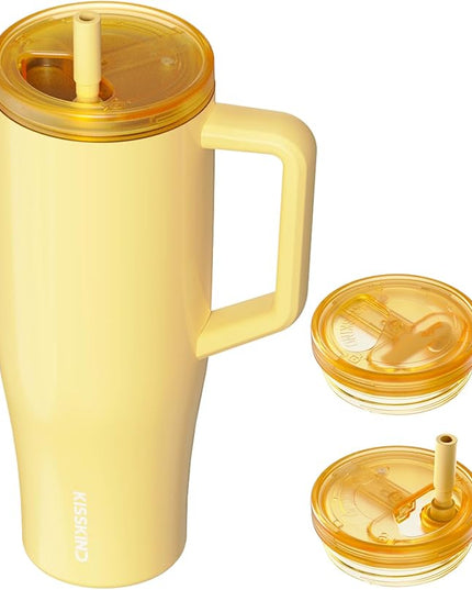 KISSKIND 40 oz Lumispin Tumbler with Handle and Hidden Straw, 100% Leak Proof Water Cup with Handle, Insulated Water Bottle for Travel, Mom, Nurse, Teacher, Student, Butter Yellow