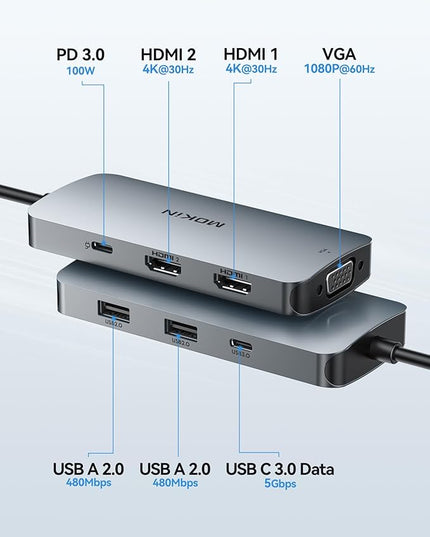 USB C Docking Station Dual Monitor, 7 in 1 USBC to Dual HDMI Adapter, USB C Hub with 2 HDMI, VGA, 100W PD, 3 USB, Multiport Adapter for Dell HP Lenovo Surface MacBook Laptop