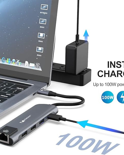 VEMONT 5 in1 USB C hub, Type-c multiport Adapter with Gigabit Ethernet, 3 USB 3.0 hub for Data, 100W Power Delivery, USB hub for Laptop MacBook or ipad, and Other USB C Devices