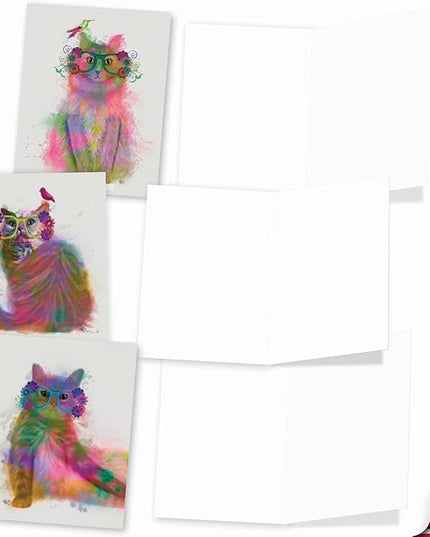 The Best Card Company - Assorted Kittens Watercolor Blank Greeting Box Set - Incl. 10 Unique Design Notecards + Envelopes for Thank You, Invitation - Funky Rainbow Cats AM6199OCB-B1x10