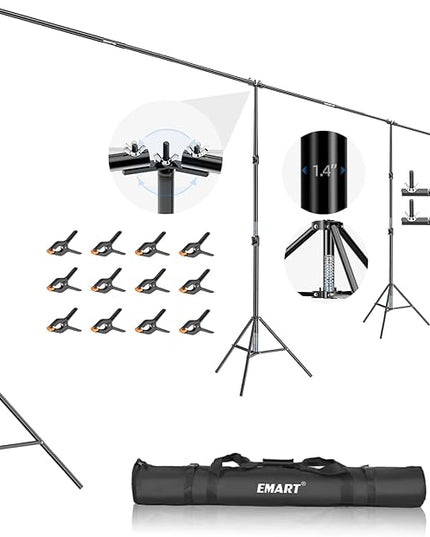 EMART Back Drop Adjustable Stand,30X10ft Backdrop Stand Heavy Duty Photography Background Support System Kit with 300° Angle Rotatable Connector and 12 Spring Clamps for Parties,Wedding,Photo Studio