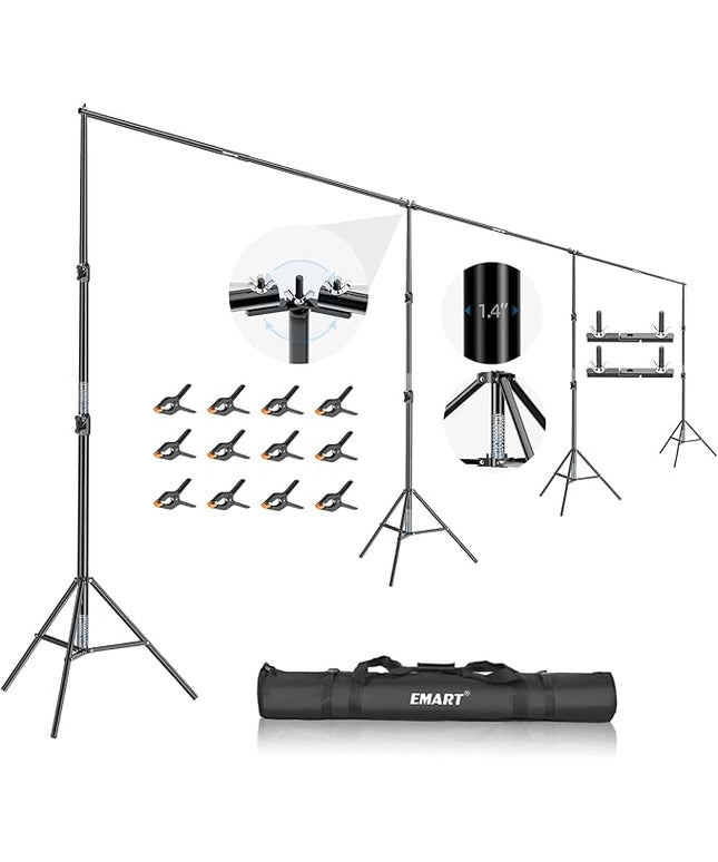 EMART Back Drop Adjustable Stand,30X10ft Backdrop Stand Heavy Duty Photography Background Support System Kit with 300° Angle Rotatable Connector and 12 Spring Clamps for Parties,Wedding,Photo Studio