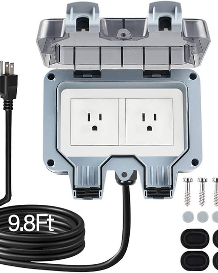 Outdoor Power Outlet Box with 9.8Ft Extension Cord, NEMA 5-15R, STW 14 AWG, Weatherproof Waterproof IP66 Electrical Outlet Extender, Exterior Wall Power Socket w/Cover for Garden