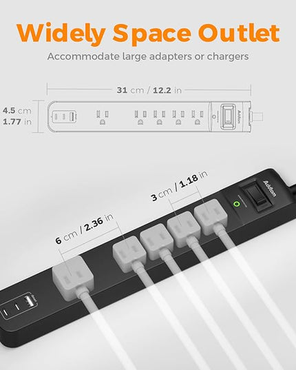 6Ft Power Strip Surge Protector - Addtam Extension Cord with 5 AC Outlets 3 USB Ports(2 USB C), 1875W/15A, Flat Plug, Outlet Extender for Home Office Supplies College Dorm Room Essentials,ETL Listed